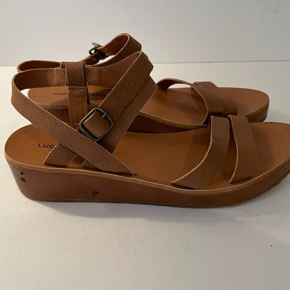 LUCKY BRAND Brown Leather "Hecilia" Ankle Strap Wedge Sandals Women's Size 8.5M - Picture 2 of 12